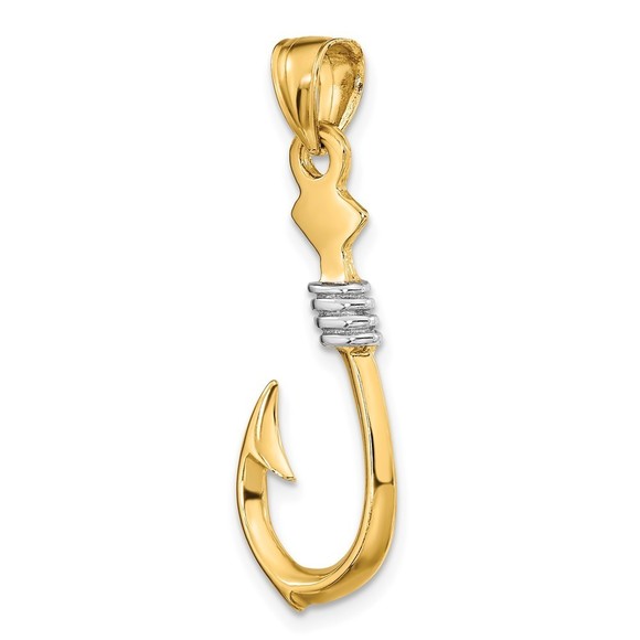 10k Yellow Gold w/Rhodium 3-D Fish Hook With Rope Necklace Charm Pendant